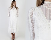 White Victorian Gunne Sax Dress Romantic Bridal Bohemian Wedding Gown Vintage 70s McClintock Renaissance Lace Floral Midi Maxi Dress