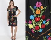 Black Mexican Dress Mexican Wedding Dress Ethnic Dress Vintage 80s Bright Floral Cover Up Embroidered Boho Cotton Womens Fiesta Mini Dress