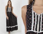 Gunne Sax Black Calico Floral Dress 70s Garden Flower Jessica McClintock Dress Long Polka Dot Lace Garden Prairie Maxi Dress
