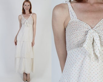70s Floral Prairie Dress: Vintage Off-White Cotton Sundress