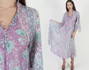 Adini Sultana Metallic India Dress, Vintage 70s Gauze Metallic Caftan, Sheer Angel Sleeve Long Dress - One Size