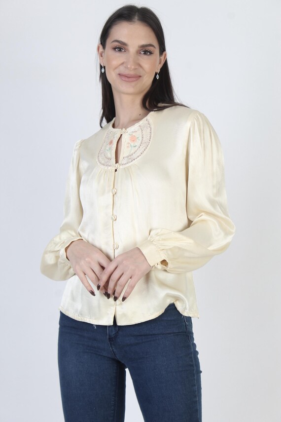 Vintage Gunne Sax Blouse, Cream Embroidered Satin… - image 3