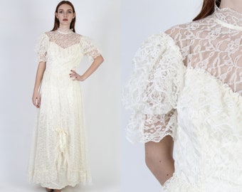 70s Western Wedding Dress, Floral Lace Romantic Saloon Gown, Vintage Historical Period Bridal Maxi Dress