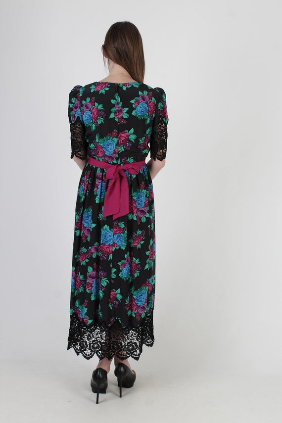 Vintage 80s Bright Floral Silk Dress Scallop Croc… - image 5