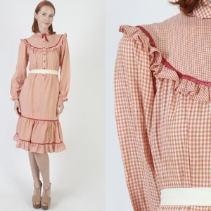 Orange & White Gingham Americana Dress, Plaid Ruffle Sleeve Chore Outfit, Vintage 70s Country Picnic Folk Tiered Sundress image 1