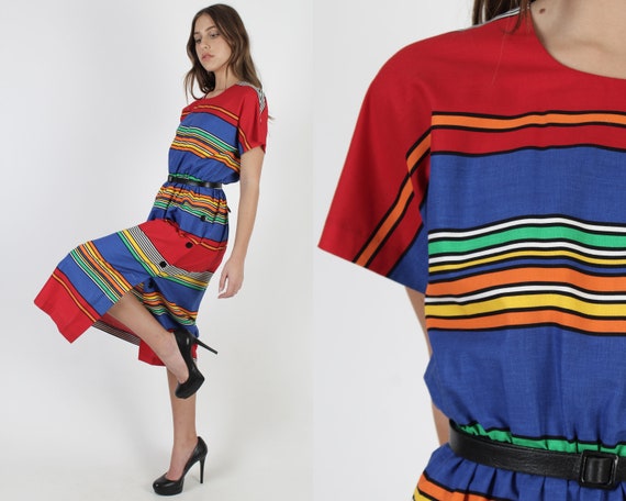 1980s Rainbow Striped Party Dress / Bright Color R