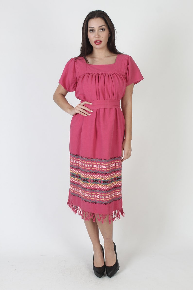 Traditional Aztec Embroidered Guatemalan Fringe Dress With Matching Waist Belt And Pockets image 3