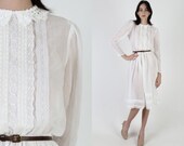 All White Gunne Sax Dress Tiny Collar Romantic Bridal Dress Vintage 70s Victorian Crochet Sheer Country Prairie Lawn Midi Mini Dress