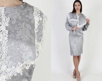 Jessica McClintock Grey Silky Dress / 1980s Victorian Style Silver Wiggle / Vintage 1980s Deco Party Mini Dress