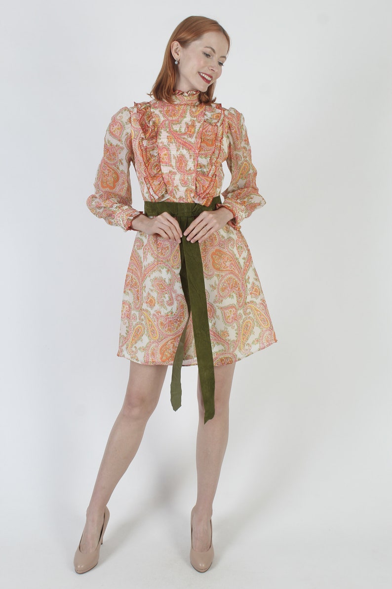 60s Tuxedo Ruffle Go Go Micro Mini Dress, Twiggy Inspired Short Mod Frock, Vintage Orange Paisley Scooter Outfit image 4