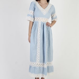 Baby Blue Bell Sleeve Mexican Dress Crochet Lace Quinceanera Dress 70s Ethnic Wedding Festival Pintuck Cotton Fiesta Maxi Dress image 3