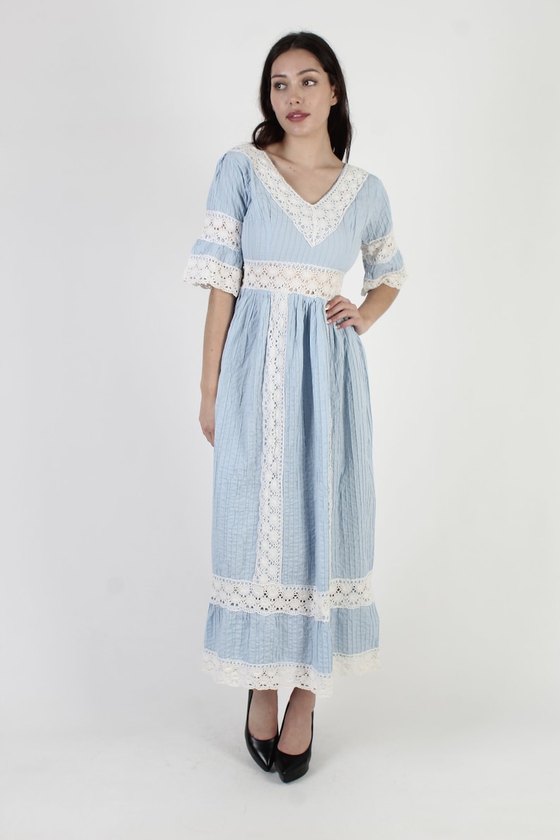 Baby Blue Bell Sleeve Mexican Dress Crochet Lace Quinceanera Dress 70s Ethnic Wedding Festival Pintuck Cotton Fiesta Maxi Dress image 3