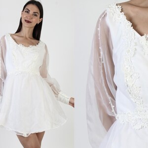60s White Lace Wedding Dress, Bridal Party Sheer Puff Sleeves, Vintage Plain Mini Gown