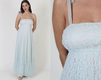 All Over Lace Shoulder Tie Wedding Dress, 70s Long Blue High Waist Bridal Maxi, Vintage Elegant Bridesmaids Ouftit