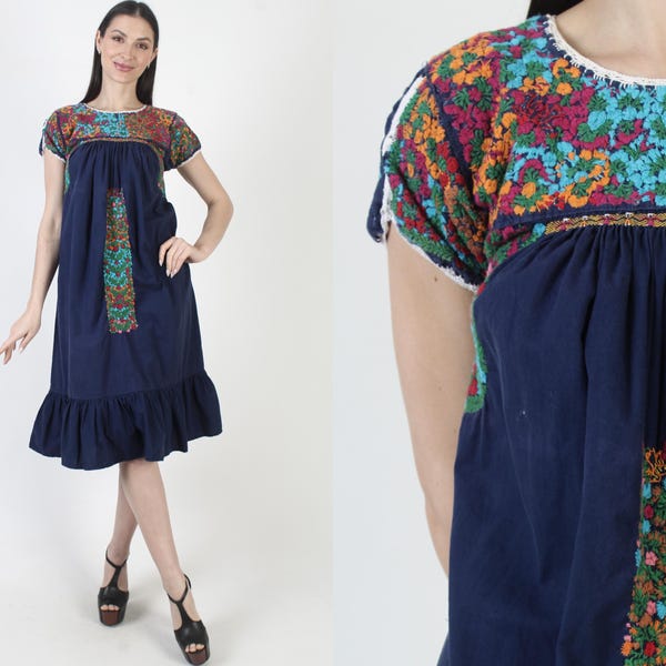 Authentic Blue Oaxacan Dress, Mexican Hand Embroidered Sundress, Navy San Antonio Cover Up
