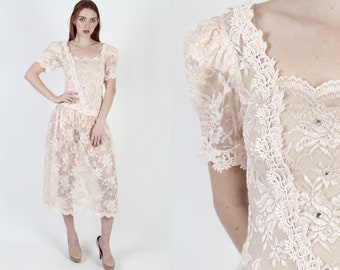 1980's Art Deco Floral Lace Dress, Vintage See Through Sheer Pale Pink Wedding Gown