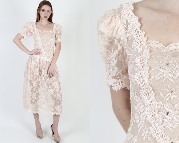 1980's Art Deco Floral Lace Dress, Vintage See Th… - image 1