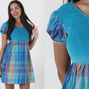 70s Rainbow Striped Velvet Mini Dress: Teal Babydoll Sundress