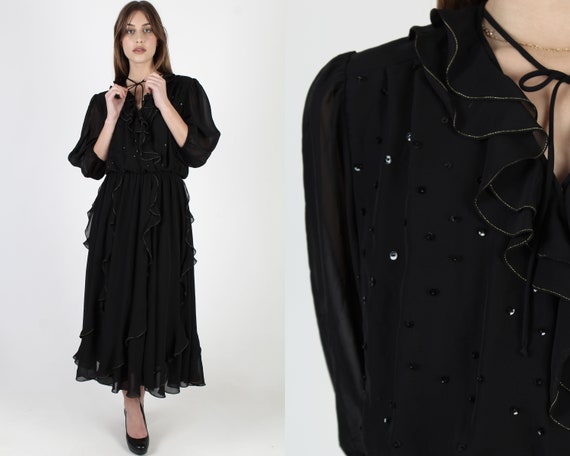 80s Mosaic Brand Ruffle Dress / All Black Dancing