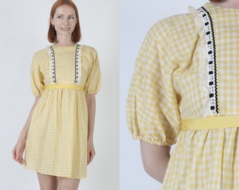 Casual 70s Yellow And White Checker Print Gingham Mini Picnic Dress
