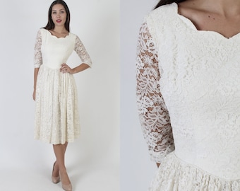 Classic 70s Floral Lace Dress, Ivory Traditional Full Skirt Bridal Gown, Country Wedding Mini Midi Outfit