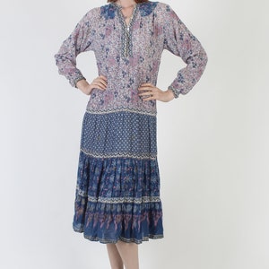 Authentic Kaiser Brand India Guaze Dress / Thin Purple Floral Block Print Cotton / Ethnic Sheer Summer Midi Size S image 3