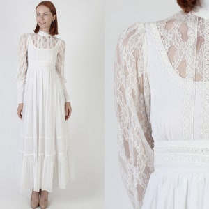 Gunne Sax Bridal Lace Sleeve Maxi Dress / 70s White Jessica McClintock Floral / Tiered Simple Bohemian Wedding Long Gown image 1