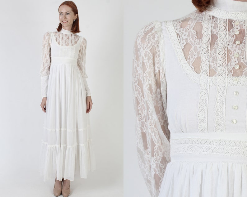 Gunne Sax Bridal Lace Sleeve Maxi Dress / 70s White Jessica McClintock Floral / Tiered Simple Bohemian Wedding Long Gown image 1