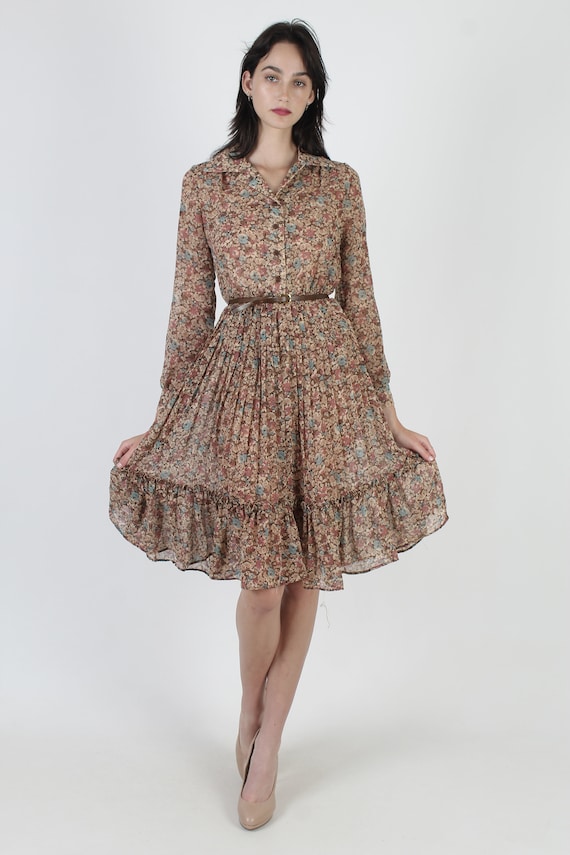 Vintage 70s Thin Brown Floral Dress / Wildflower … - image 2