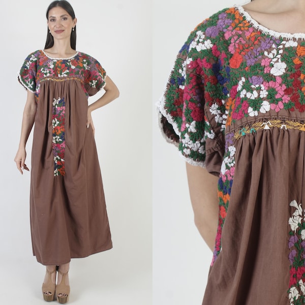 Brown Oaxacan Dress, Cotton Embroidered Mexican Caftan, San Antonio Puebla Sundress