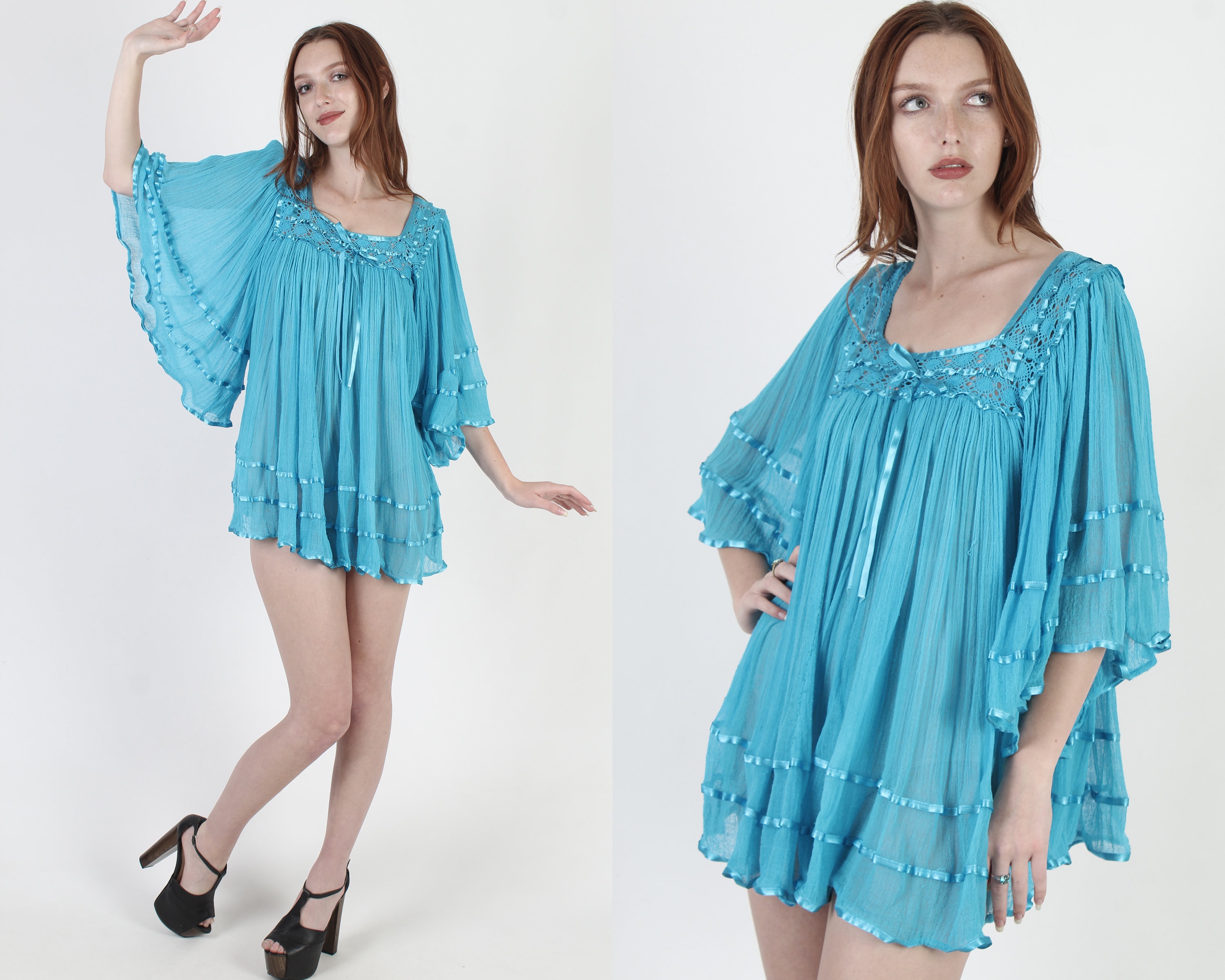 crochet kimono handmade mexican gauze dress Turquoise Cotton Gauze Micro Mini Dress Teal Mexican Crochet