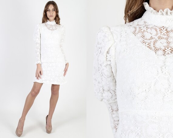 Vintage 70s Off White All Crochet Lace Mini Dress