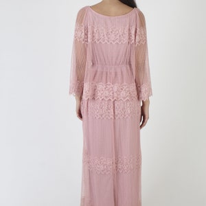 70s Cotton Candy Pink Lace Dress / Sheer Floral Scallop Hem / Elegant Plain Bell Sleeve Romantic Gown / Wedding Bridesmaid MOTB Maxi image 6