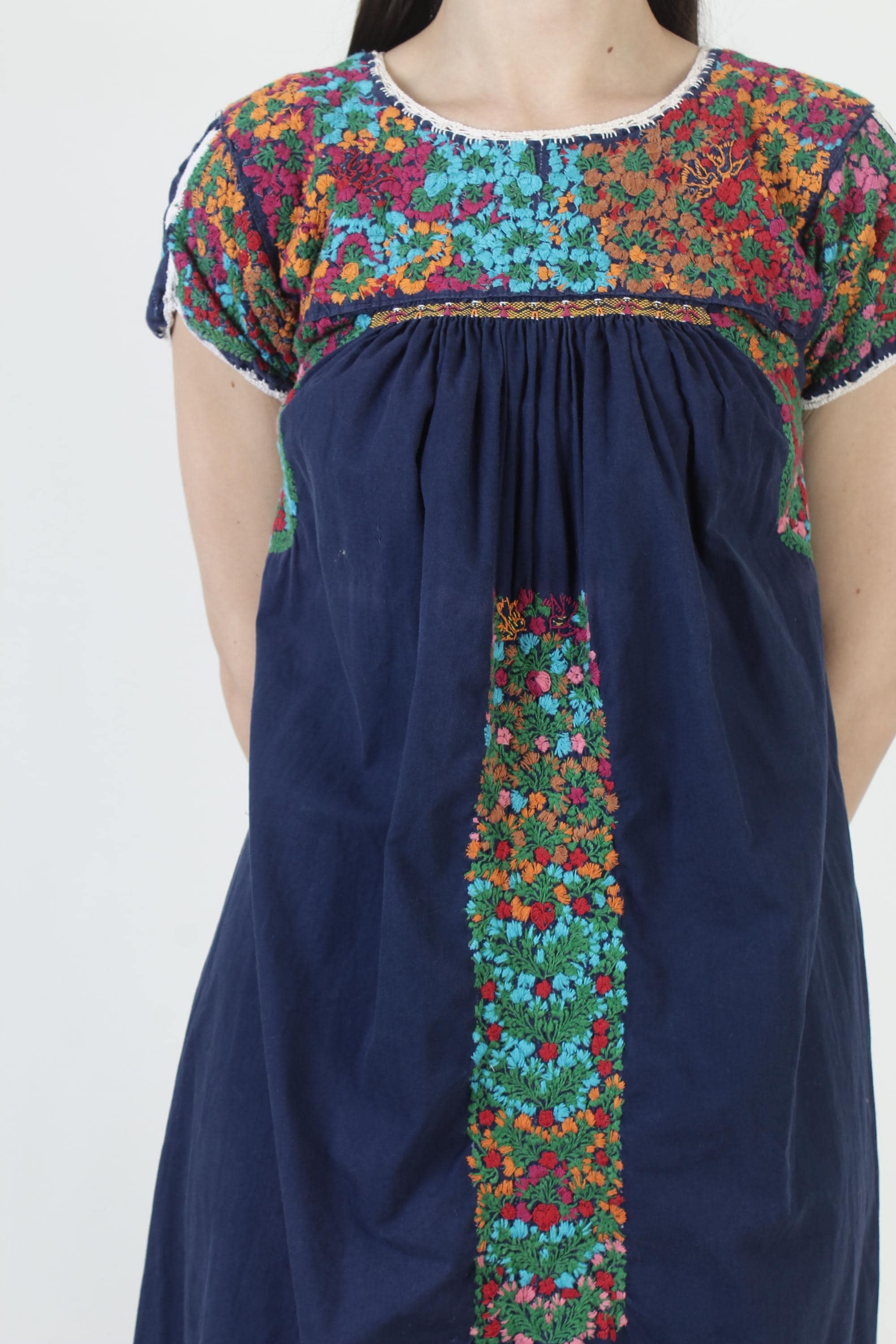 本物のブルーオアハカドレス、メキシコの手刺繍サンドレス、ネイビー