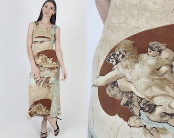 Y2K Michelangelo Dress, Creation Of Adam Print, 2000s Bodycon Maxi, Womens All Over Print