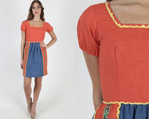 Red RicRac Dirndl Mini Dress / 70s Full Skirt Amer