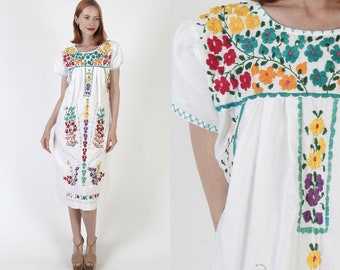 White Womens Mexican Dress Vintage Hand Embroidered Cover Up Floral Puebla Cotton Puff Sleeve Sundress