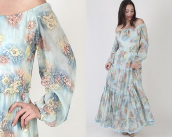 Off The Shoulder Garden Floral Dress / Long Blue Pastel Flower Print / 70s Boho Renaissance Festival / Tiered Prairie Ribbon Maxi