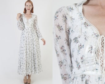 Cottagecore Gunne Sax Dress Jessica McClintock Vintage 70s Lace Up Corset Prairie Wedding Renaissance Fair Gown
