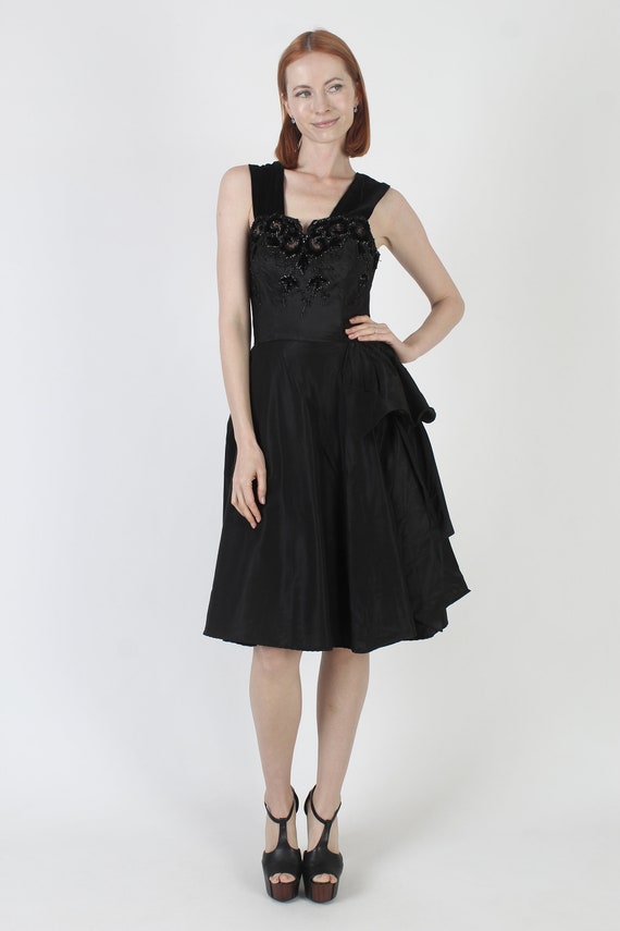 40s Black Floral Beaded Dress, Large Full Circle … - image 2