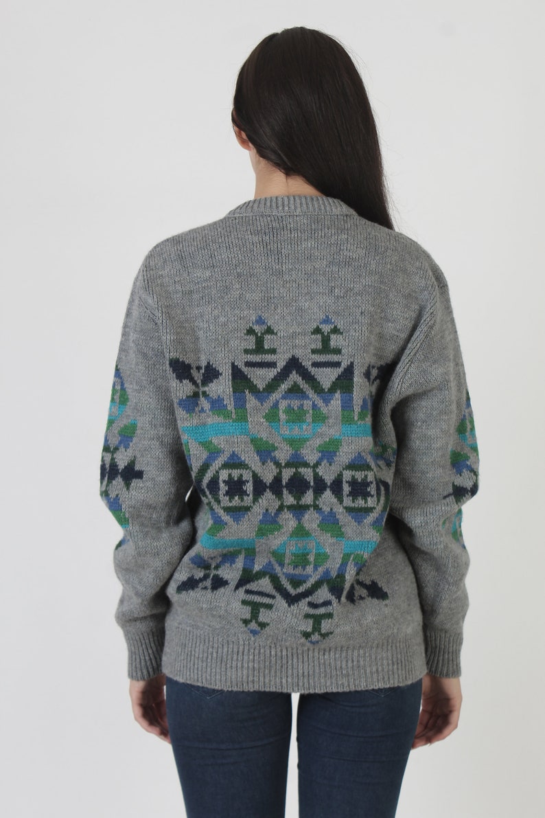 Pendleton Southwestern Sweater / Grey Rainbow Knit Chief Joseph Design / Vintage Native American Unisex Wool Jumper XL image 6