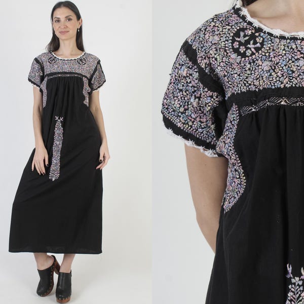 Vintage Black Cotton Oaxacan Dress, Embroidered Mexican Kaftan