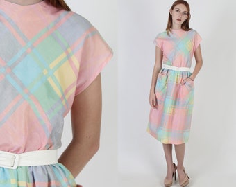 Robe à carreaux colorée avec poches / Robe d’été de couleur pastel clair / Robe Preppy à carreaux arc-en-ciel / Robe d’été lumineuse décontractée