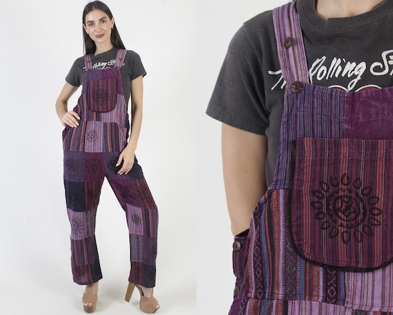 Patchwork Jumpsuit With Pockets, Ethnic Grunge Ov… - image 1