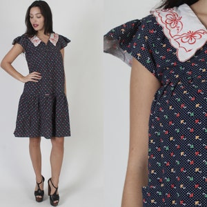 Umbrella Print Novelty Dress, Swiss Polka Dot Material, White Embroidered Roll Collar