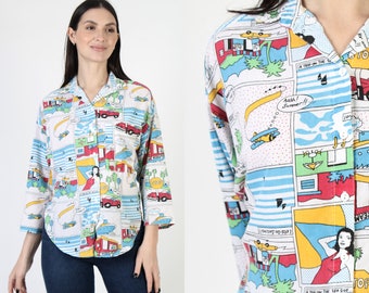 All Over Print Comis Strip Shirt, Button Up Cartoon Art Shirt, Vintage 70s Batwing Casual Souvenir Shirt