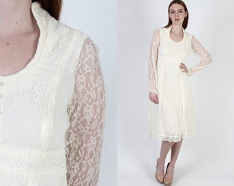 Cream Prairie Wedding Dress / Vintage 70s Sheer Floral Lace Bridal / Simple Ivory Bridesmaids Outfit