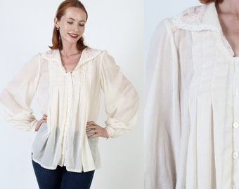 Gunne Sax Blouse Ivory Jessica McClintock Tunic Vintage Victorian Gunnies Embroidered Blouse