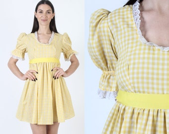 Country Picnic Gingham Micro Mini Dress Vintage 70s Yellow White Checker Print Puff Sleeve Short Summer Sundress