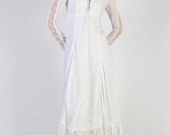 Gunne Sax White Cottagecore Wedding Dress, Vintage 70s Sheer Sleeve Bridal Gown, Jessica McClintock Corset Prairie Dress 9